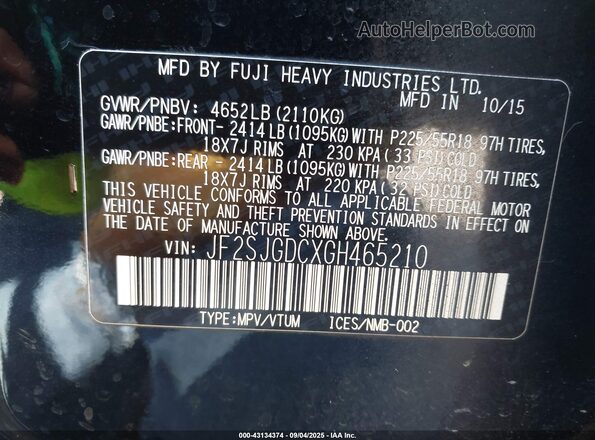 JF2SJGDCXGH465210 2016 SUBARU FORESTER2. Black Engine compartment view
