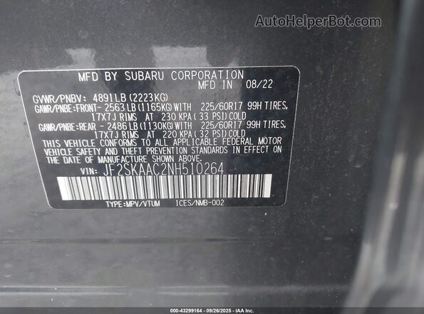 JF2SKAAC2NH510264 2022 SUBARU FORESTER Gray Vista del compartimento del motor