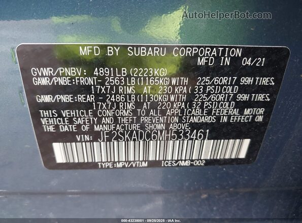 JF2SKADC6MH533461 2021 SUBARU FORESTER Blue Engine compartment view