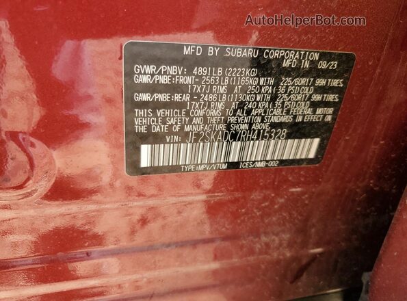 JF2SKADC7RH415328 2024 SUBARU FORESTER Maroon სალონის 360-გრადუსიანი ხედი
