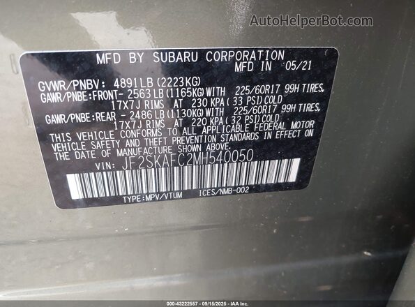 JF2SKAFC2MH540050 2021 SUBARU FORESTER Green Vista del compartimento del motor