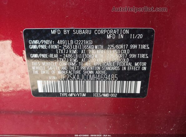 JF2SKAJC0MH469485 2021 SUBARU FORESTER Red Вид підкапотного простору