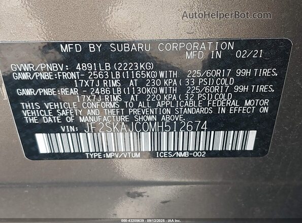 JF2SKAJC0MH512674 2021 SUBARU FORESTER Серый Вид подкапотного пространства