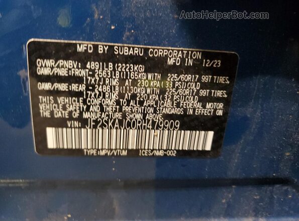 JF2SKAJC0RH479909 2024 SUBARU FORESTER Синий 