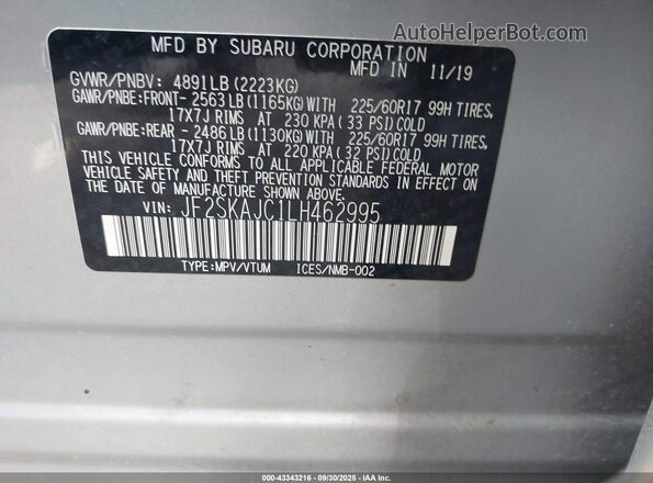 JF2SKAJC1LH462995 2020 SUBARU FORESTER Silver ძრავის განყოფილების ხედი