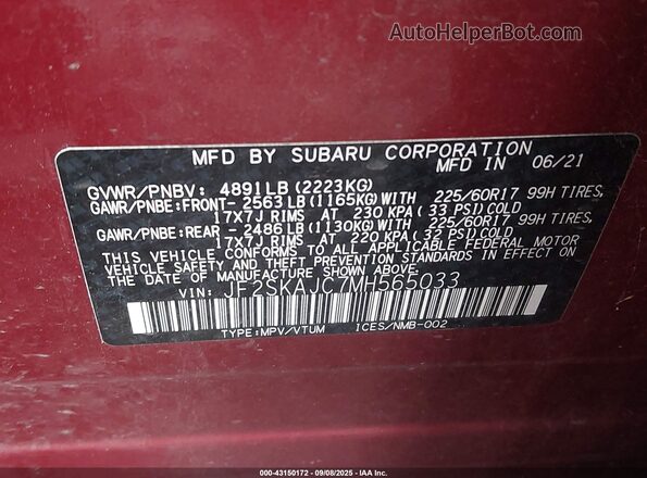 JF2SKAJC7MH565033 2021 SUBARU FORESTER Maroon Vista del compartimento del motor