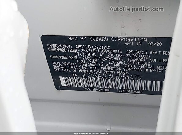 JF2SKAJC8LH554475 2020 SUBARU FORESTER White Widok komory silnika