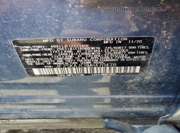 JF2SKAJC8MH470478 2021 SUBARU FORESTER Blue Widok wnętrza 360 stopni