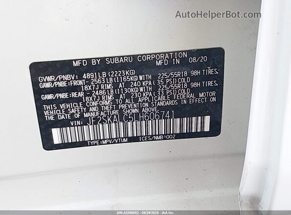 JF2SKALC5LH606741 2020 SUBARU FORESTER White Շարժիչի բաժամունքի տեսք