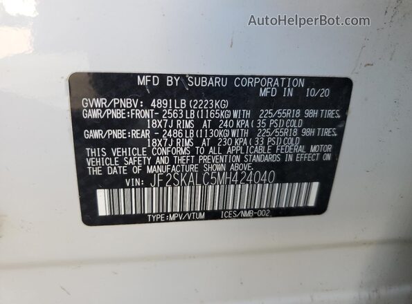 JF2SKALC5MH424040 2021 SUBARU FORESTER Белый Вид наклейки с VIN-кодом