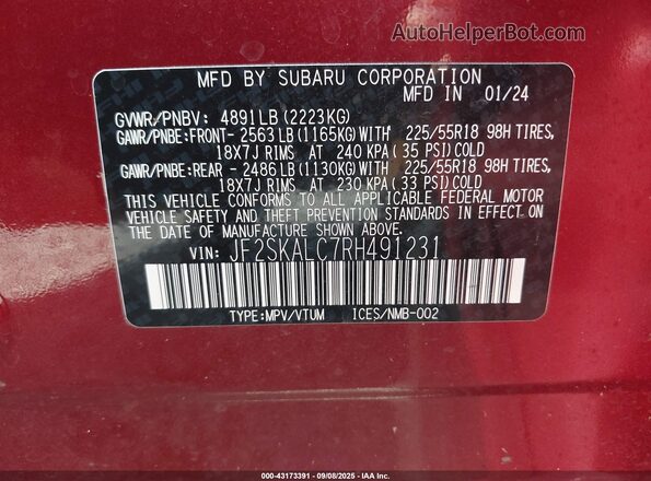 JF2SKALC7RH491231 2024 SUBARU FORESTER Красный Вид подкапотного пространства