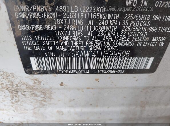 JF2SKAMC4LH599506 2020 SUBARU FORESTER White Widok komory silnika