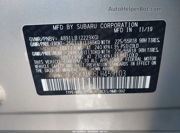 JF2SKAMC6LH459103 2020 SUBARU FORESTER Gray Вид підкапотного простору