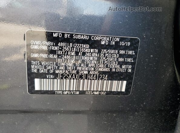 JF2SKAXC3LH441234 2020 SUBARU FORESTER Gray Vista interior de 360 grados