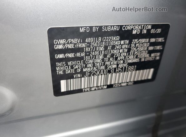 JF2SKAXC3LH511881 2020 SUBARU FORESTER Blue Вид наклейки з VIN-кодом