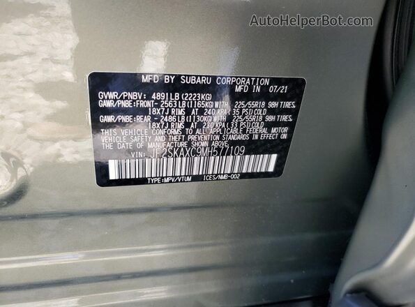 JF2SKAXC9MH577109 2021 SUBARU FORESTER Green Вид наклейки з VIN-кодом