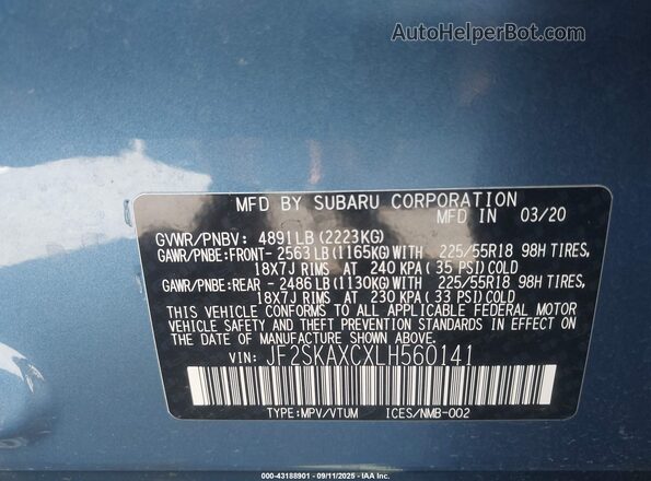 JF2SKAXCXLH560141 2020 SUBARU FORESTER Light Blue Շարժիչի բաժամունքի տեսք