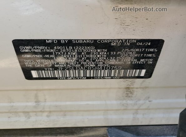 JF2SLDAC8SH410759 2025 SUBARU FORESTER Белый 