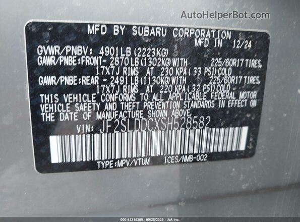 JF2SLDDCXSH528582 2025 SUBARU FORESTER Gray Vista del compartimento del motor