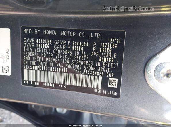 JHMFE1F77NX010088 2022 HONDA CIVIC Gray 