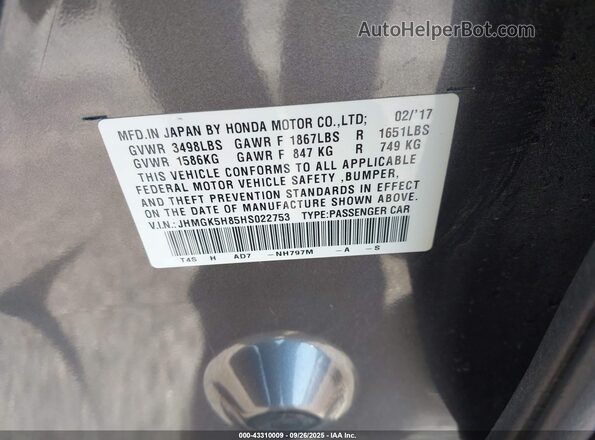 JHMGK5H85HS022753 2017 HONDA FIT Gray 