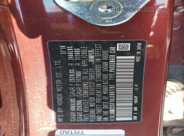 JHMZC5F10JC007797 2018 HONDA CLARITY Burgundy 