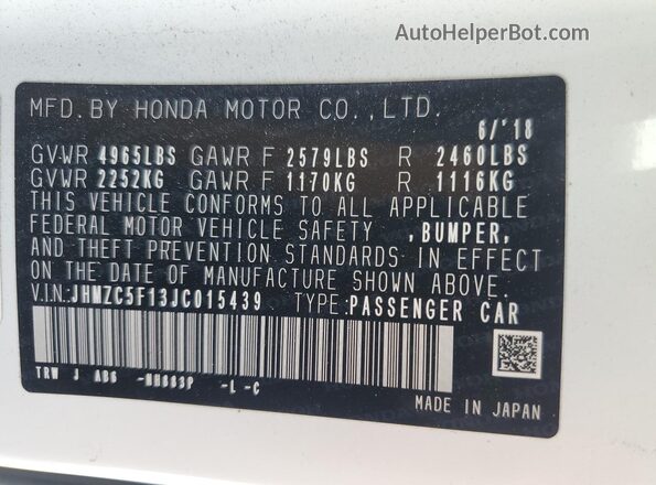 JHMZC5F13JC015439 2018 HONDA CLARITY White 