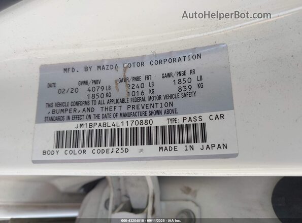 JM1BPABL4L1170880 2020 MAZDA 3 White Շարժիչի բաժամունքի տեսք