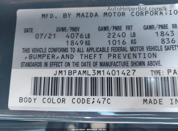 JM1BPAML3M1401427 2021 MAZDA 3 Gray ძრავის განყოფილების ხედი