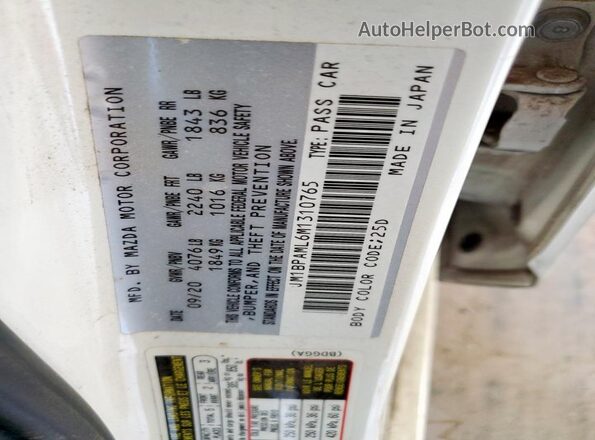 JM1BPAML6M1310765 2021 MAZDA 3 White Вид наклейки з VIN-кодом