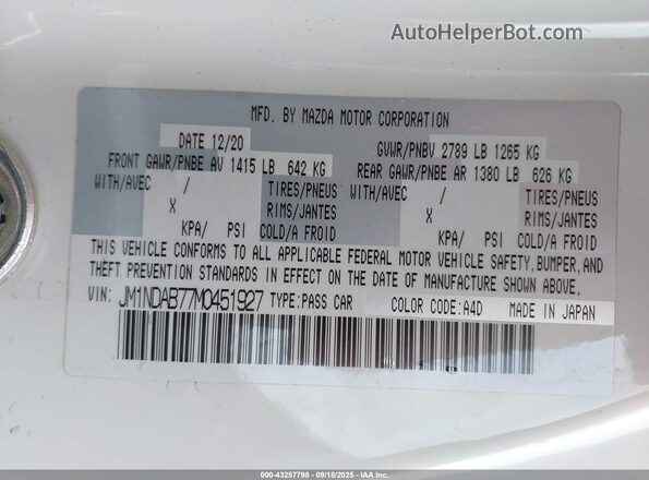 JM1NDAB77M0451927 2021 MAZDA MX-5 MIATA White ძრავის განყოფილების ხედი