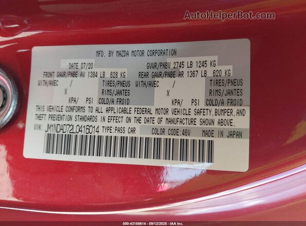 JM1NDAD72L0416014 2020 MAZDA MX-5 MIATA Red Widok komory silnika