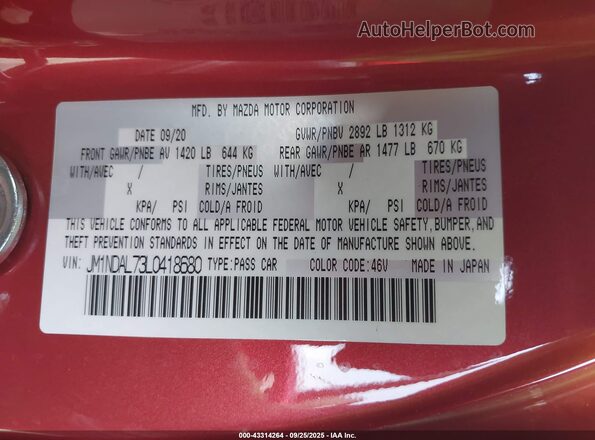 JM1NDAL73L0418680 2020 MAZDA MX-5 MIATA Red Շարժիչի բաժամունքի տեսք