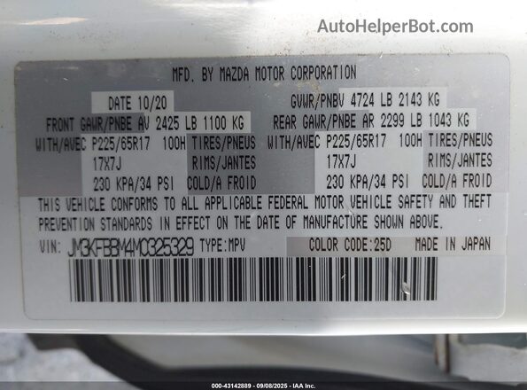 JM3KFBBM4M0325329 2021 MAZDA CX-5 White Widok komory silnika