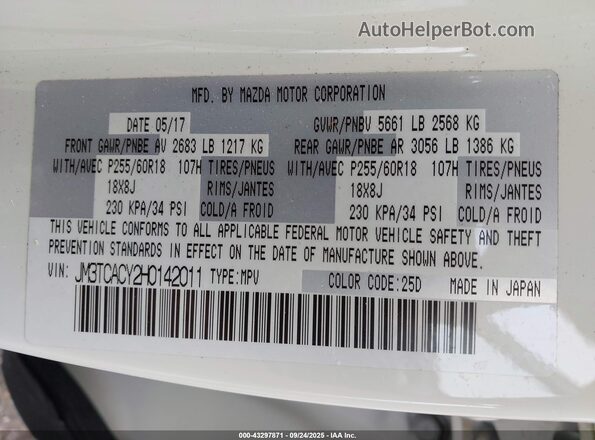 JM3TCACY2H0142011 2017 MAZDA CX-9 White Vista del compartimento del motor