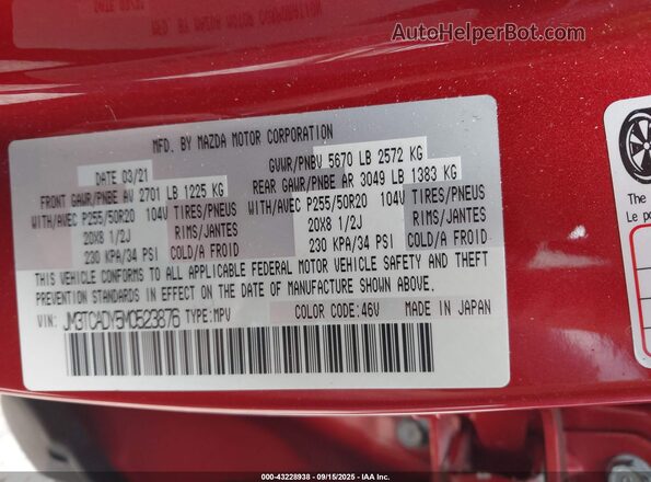 JM3TCADY5M0523876 2021 MAZDA CX-9 Red Շարժիչի բաժամունքի տեսք