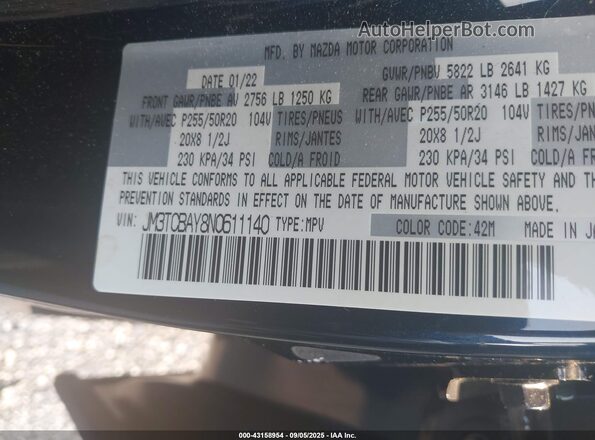 JM3TCBAY8N0611140 2022 MAZDA CX-9 Blue Вид підкапотного простору