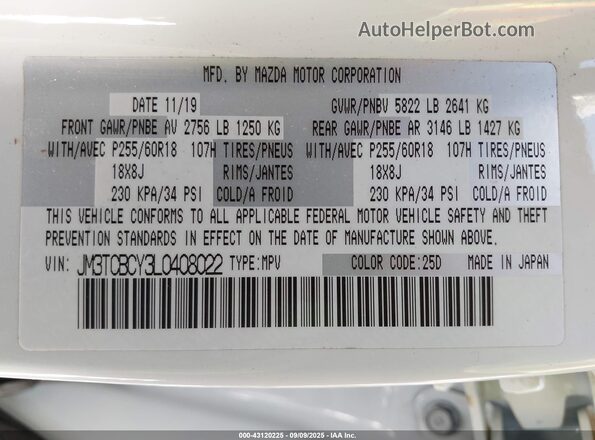JM3TCBCY3L0408022 2020 MAZDA CX-9 White ძრავის განყოფილების ხედი