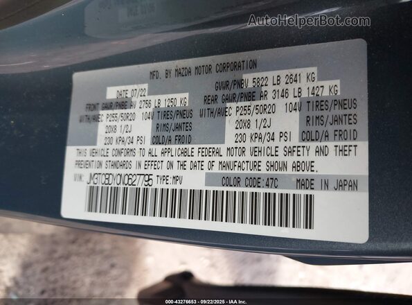 JM3TCBDY0N0627795 2022 MAZDA CX-9 Blue Engine compartment view