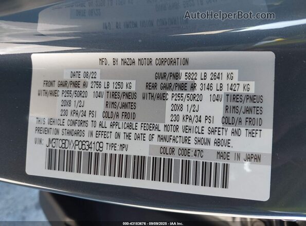 JM3TCBDYXP0634109 2023 MAZDA CX-9 Blue Vista del compartimento del motor