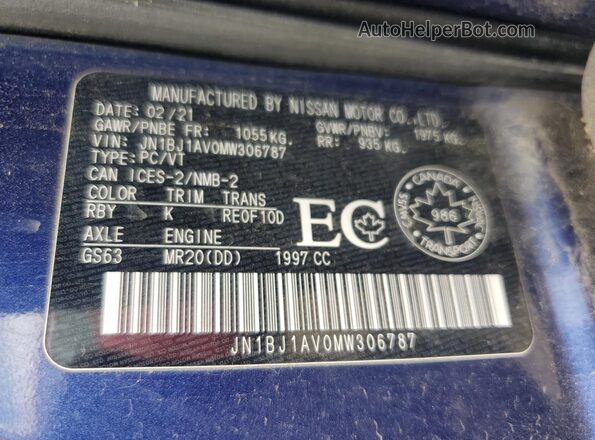 JN1BJ1AV0MW306787 2021 NISSAN QASHQAI Синий 