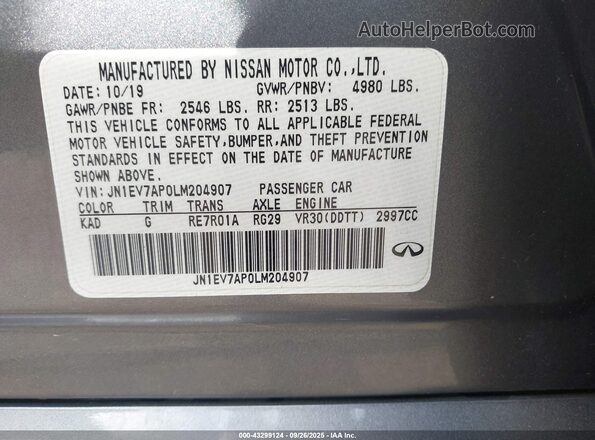 JN1EV7AP0LM204907 2020 INFINITI Q50 Gray Engine compartment view