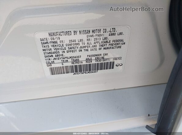 JN1EV7AP5LM204207 2020 INFINITI Q50 White ძრავის განყოფილების ხედი