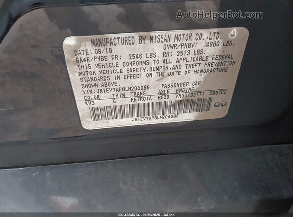 JN1EV7AP8LM204086 2020 INFINITI Q50 Black ძრავის განყოფილების ხედი