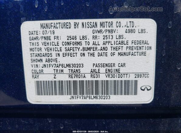 JN1FV7AP6LM630203 2020 INFINITI Q50 Blue Вид підкапотного простору