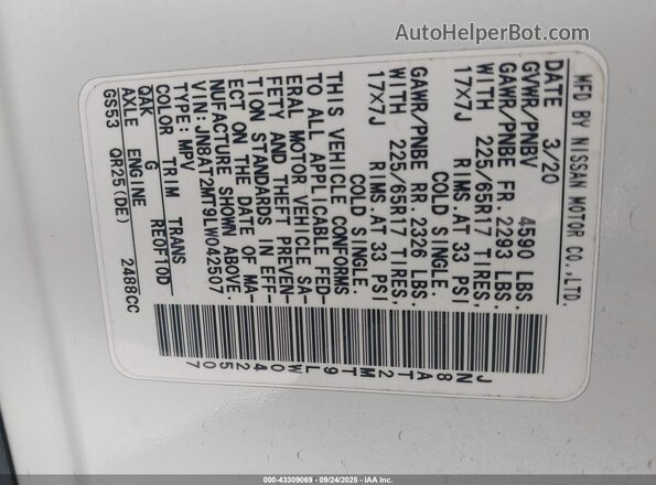 JN8AT2MT9LW042507 2020 NISSAN ROGUE White Engine compartment view