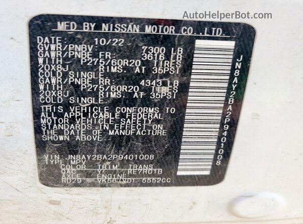 JN8AY2BA2P9401008 2023 NISSAN ARMADA White 