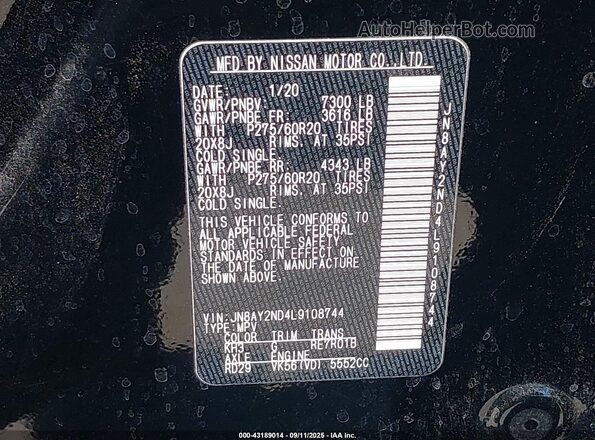 JN8AY2ND4L9108744 2020 NISSAN ARMADA Black Engine compartment view