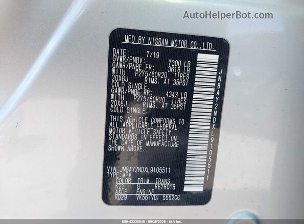 JN8AY2NDXL9105511 2020 NISSAN ARMADA Silver 