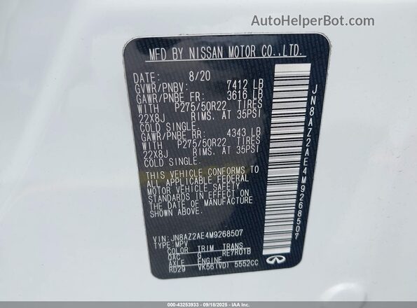 JN8AZ2AE4M9268507 2021 INFINITI QX80 White ძრავის განყოფილების ხედი